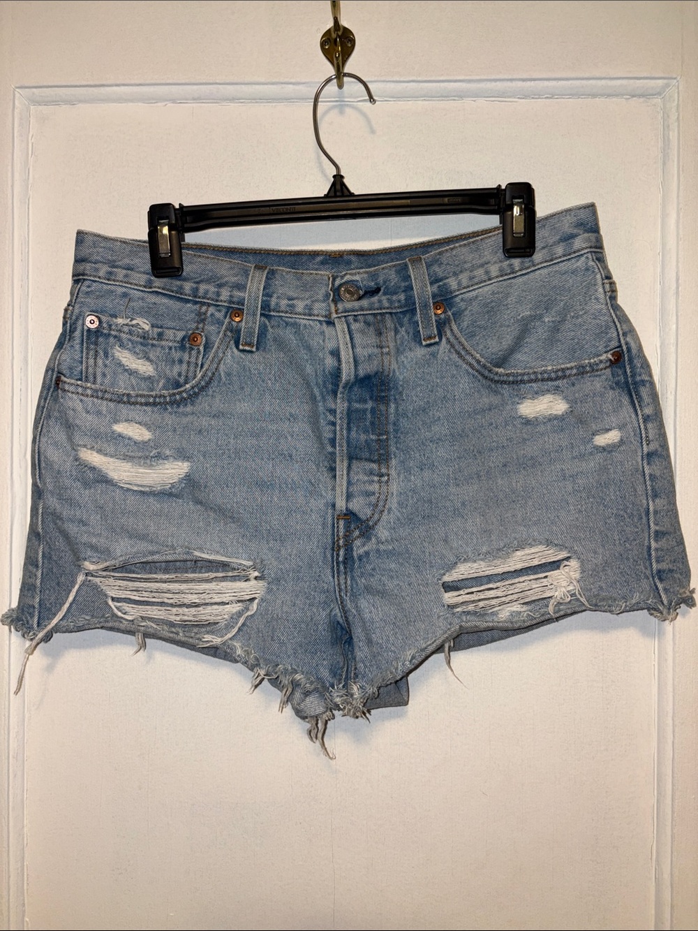 Levi's Light Blue Distressed High-Rise Denim Shorts